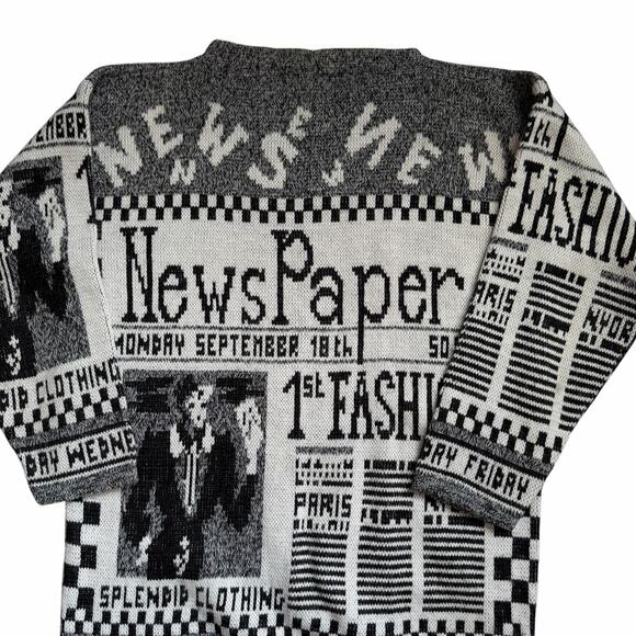 Vintage Adele Newspaper Print Sweater Medium Graphic Black White Retro Knit - Picture 2 of 13